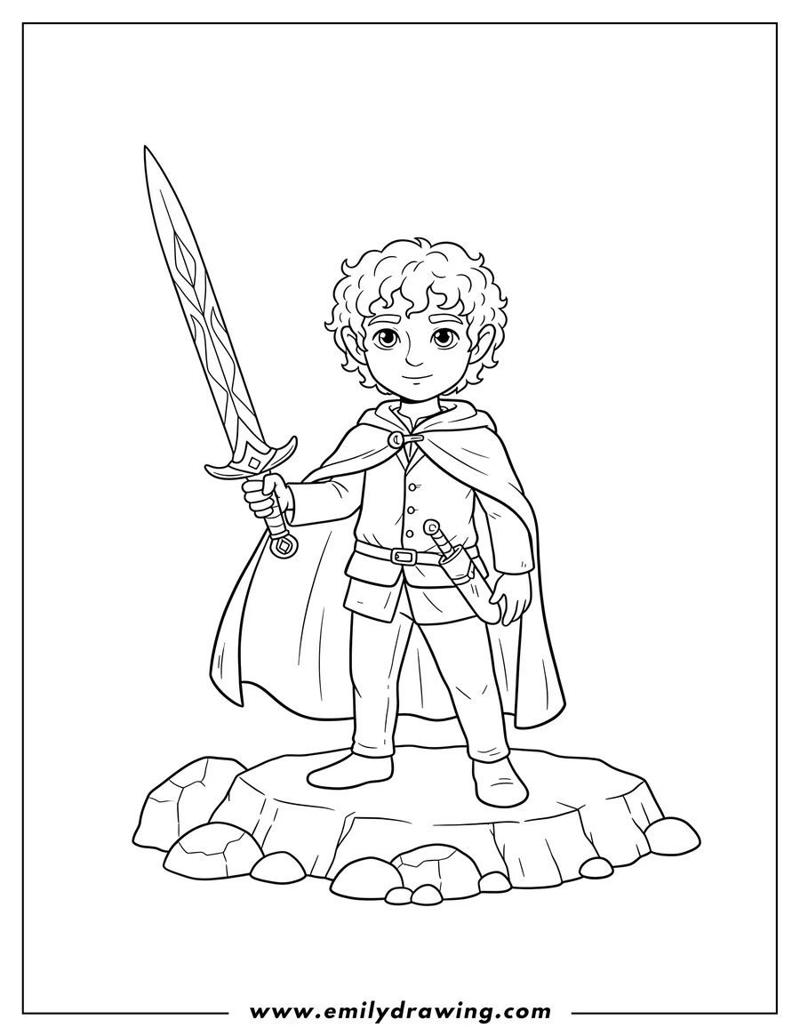Coloring sheet featuring frodo Baggins holding a sword, wearing a cloak, on rocky terrain