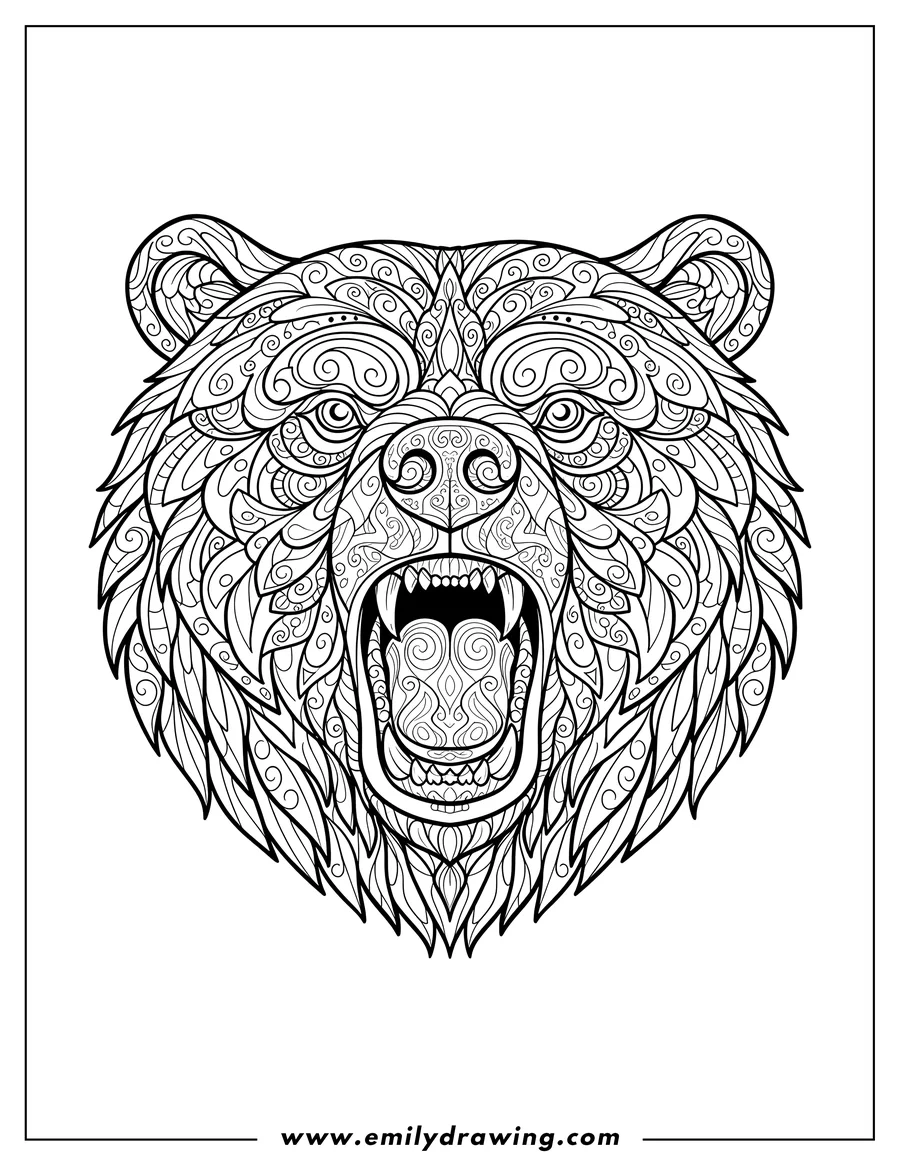 Downloadable coloring page of front-facing roaring bear head with sharp teeth, intricate mandala patterns
