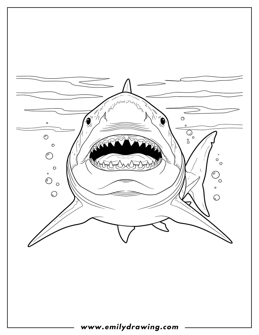 Black and white line art of front View Megalodon Underwater with Mouth Open and Teeth Showing