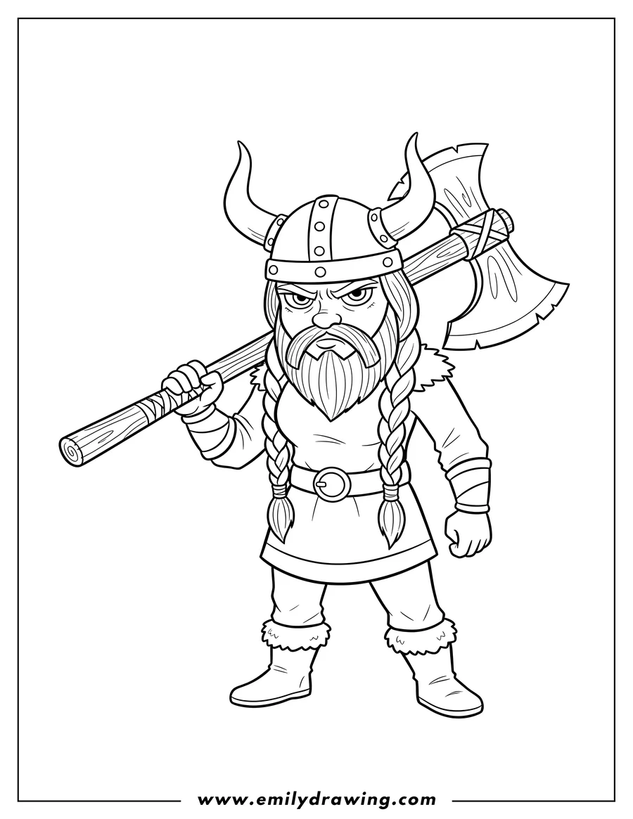Black and white line art of frowning Female Viking wearing a horned helmet, with a long axe over her shoulder