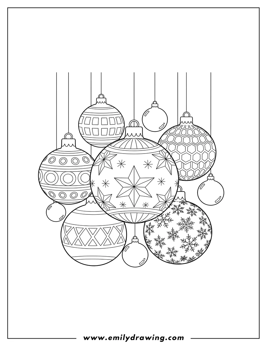 Coloring sheet featuring full Realistic Christmas Baubles with stars, snowflakes, and geometric patterns