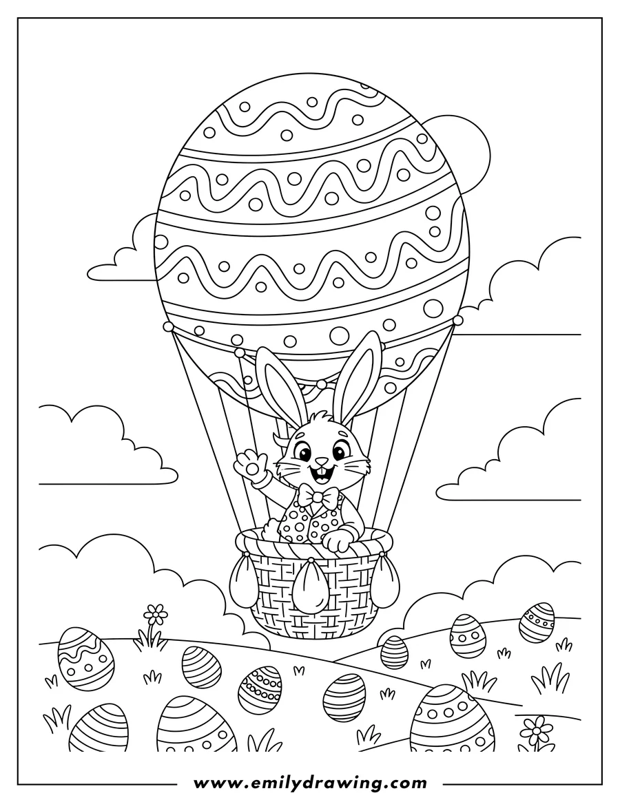 Black and white line art of fun Easter Bunny waving from the basket of an egg-shaped hot air balloon Flying Over Field Eggs