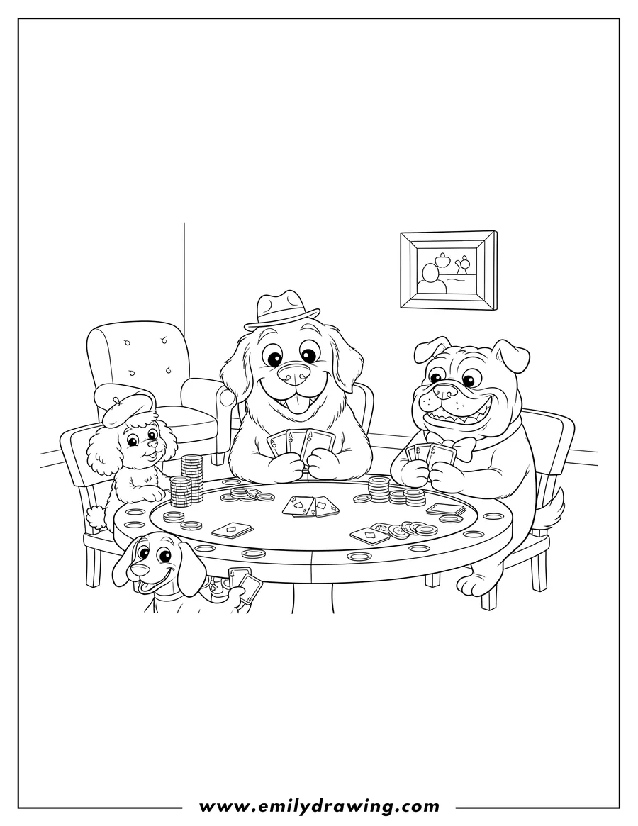 Coloring page for kids: funny Dogs Playing Poker around a table, holding cards