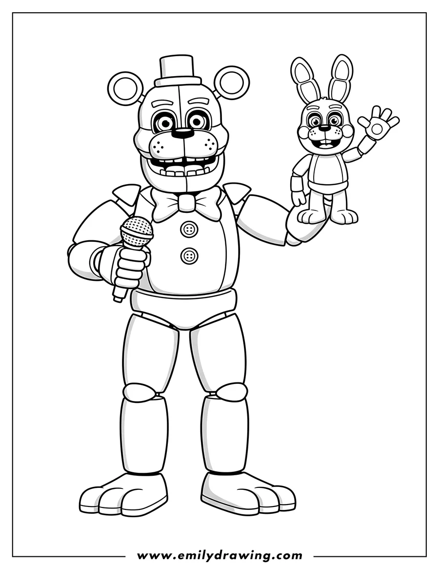 PDF style coloring page: five Night At Freddy S Funtime Freddy standing with microphone and Bon-Bon puppet waving