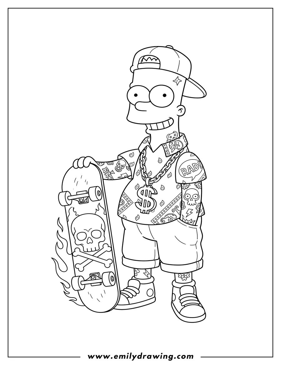 Vector style outline of gangster Bart Simpson with tattoos holding a skateboard