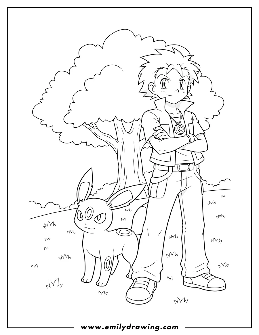 Linear illustration of gary Oak with his arms crossed, standing beside Umbreon