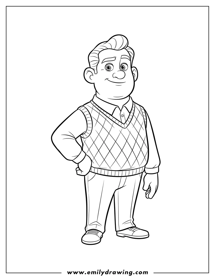Simple sketch of gene From Wreck It Ralph, standing with one hand on his hip and wearing a sweater vest to color