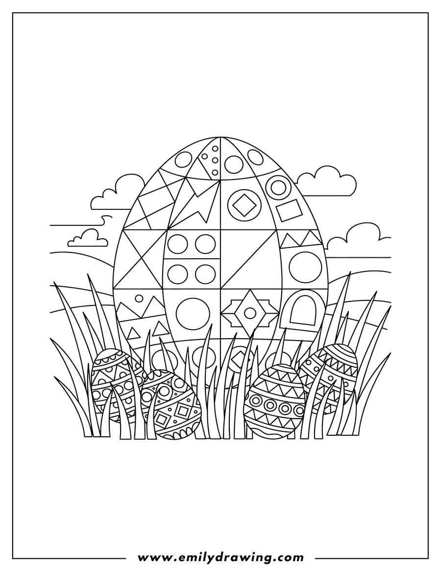 Simple sketch of geometric Easter Egg with smaller eggs in grass to color
