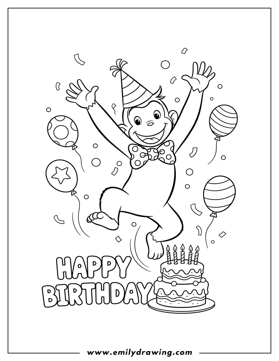 Free to print drawing of curious George Happy Birthday, jumping with arms raised and a big smile