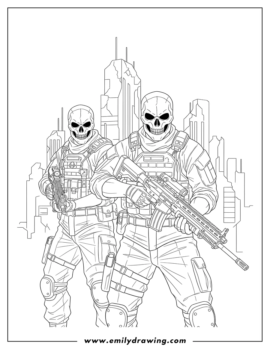 Coloring page for kids: call Duty Ghosts Poster featuring two soldiers with skull masks, one holding a rifle