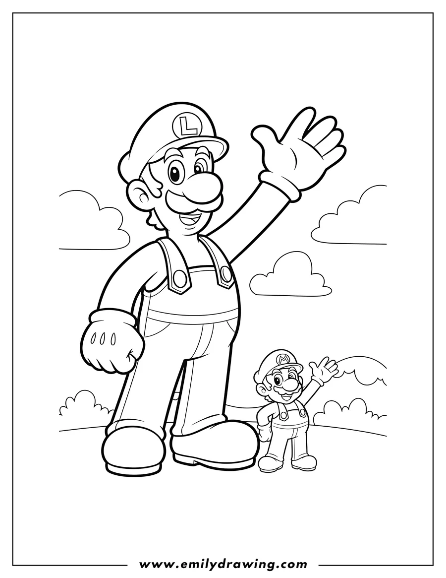 Downloadable coloring page of luigi And Mario Scaled, with Mario waving and Luigi pointing