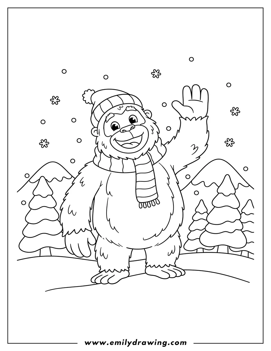 Downloadable coloring page of [Scene]: Giant Yeti Winter, smiling and waving