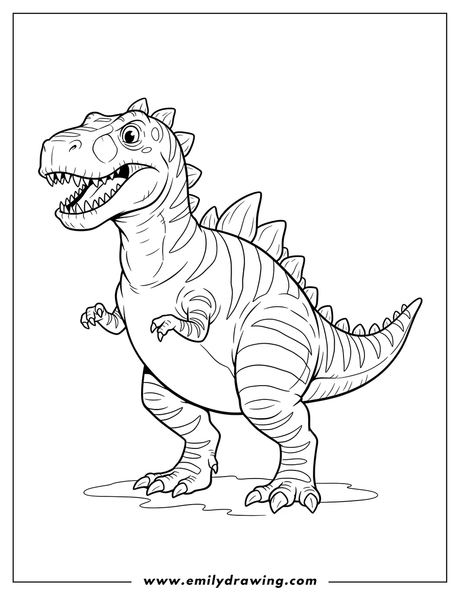 Printable line art of gigantosaurus With Sharp Teeth, standing with spiky crests and striped patterns