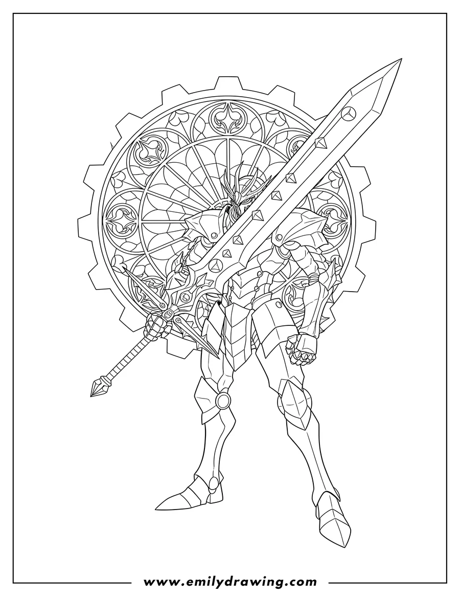 Outline drawing of yu Gi Oh Gilti Gearfried Magical Steel Knight holding a large spiked sword in front of an ornate circular design