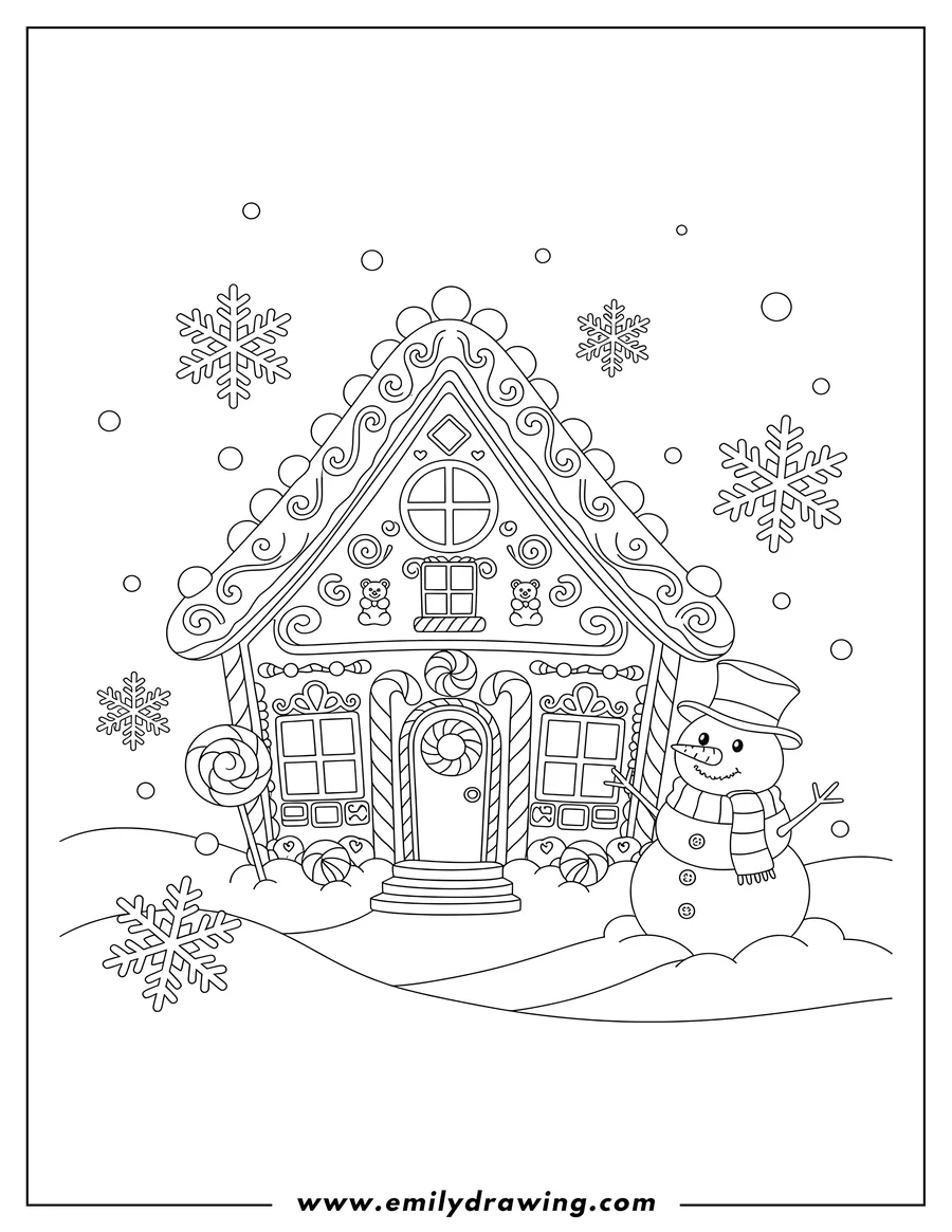 High quality printable gingerbread House with candy decorations and a snowman, with falling snow for coloring