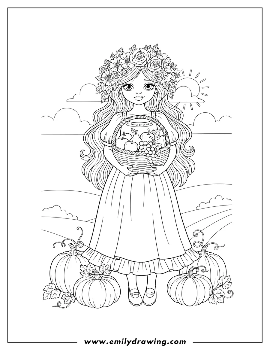 Linear illustration of cottagecore Girl wearing a flower crown, holding a basket of fruits, and surrounded by pumpkins