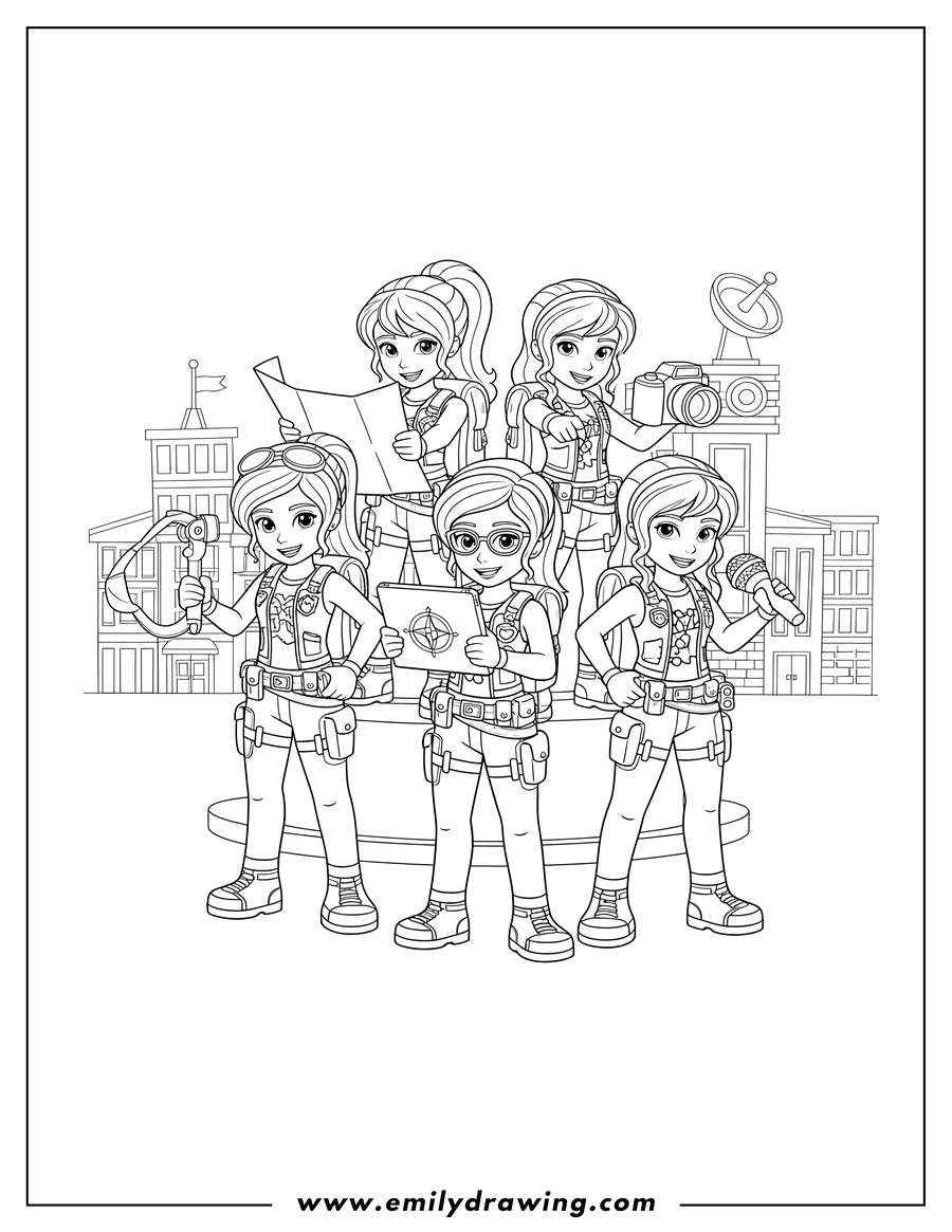 Printable coloring page of lego Friends Girls On Mission Mia Andrea Stephanie Olivia And Emma smiling and posing together