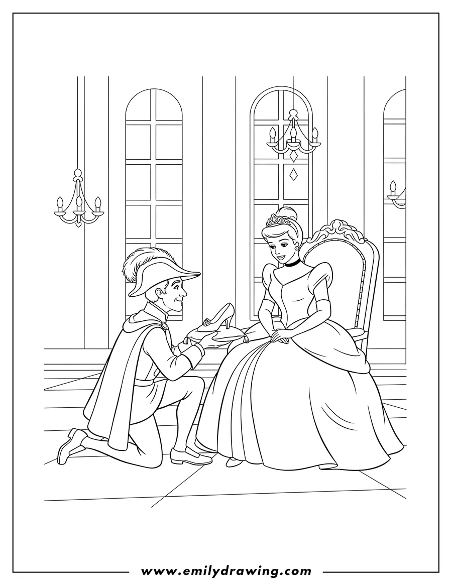 Full page coloring image of cinderella sitting on a chair while the Grand Duke kneels before her