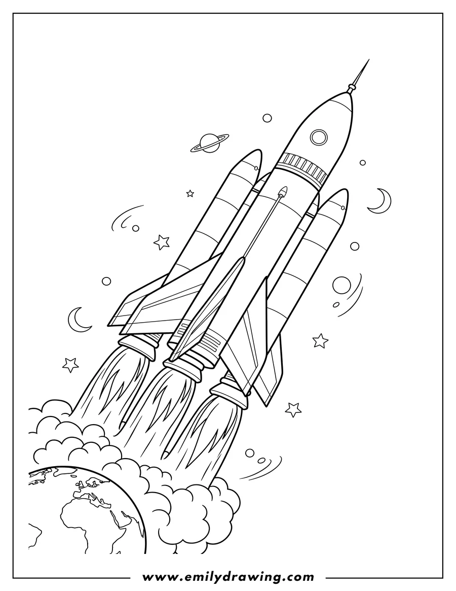 Full page coloring image of A grand multi-stage rocket with booster rockets blasting fire and smoke going into outer space