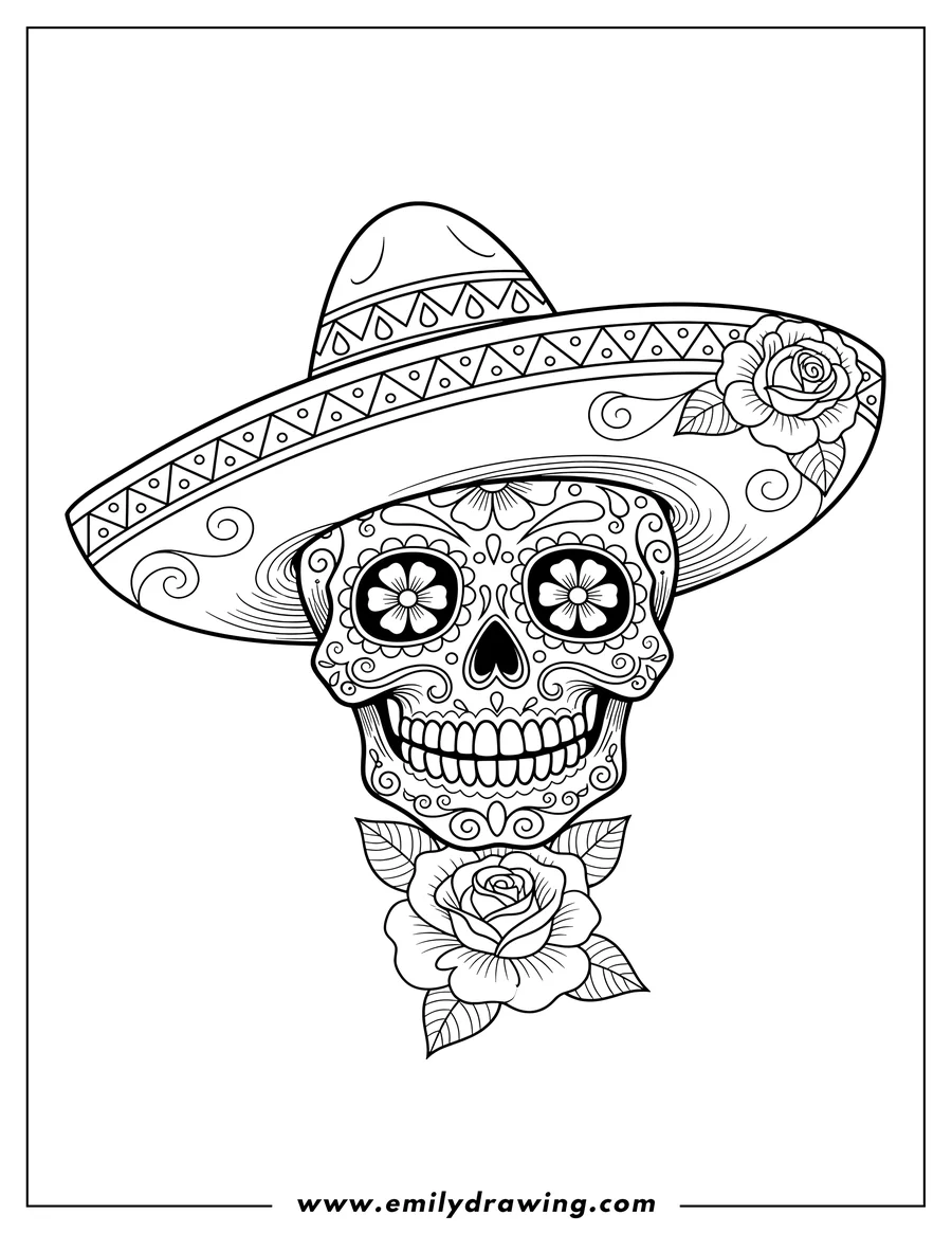 Printable line art of grinning Sugar Skull Wearing Sombrero, with floral patterns and a rose