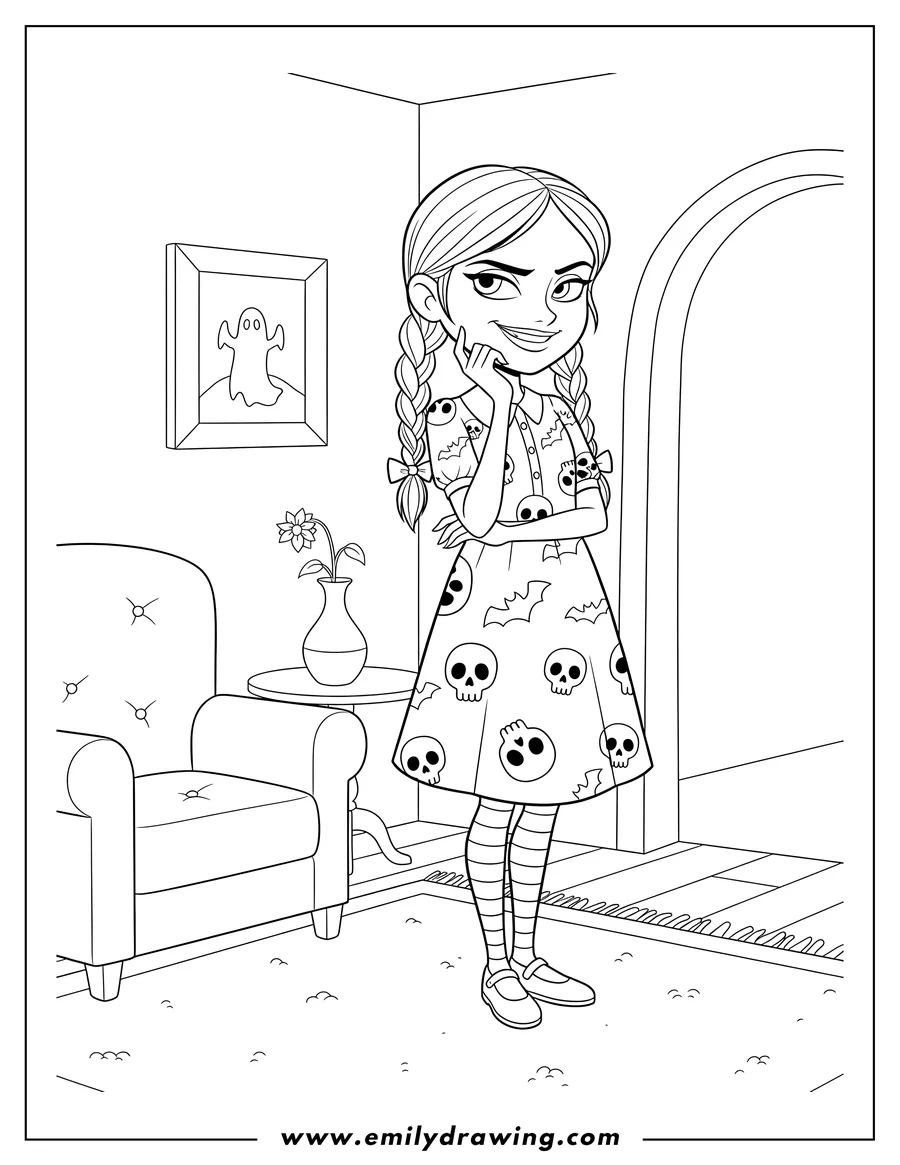 Outline drawing of griselle Grande standing with hand on chin and a sly smile in a living room