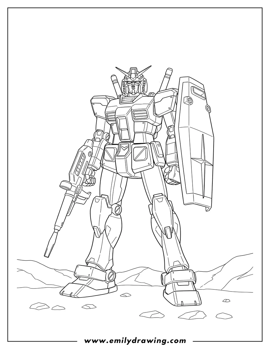Doodle style coloring picture of gundam Rx 78 2 Origin standing with a rifle and shield