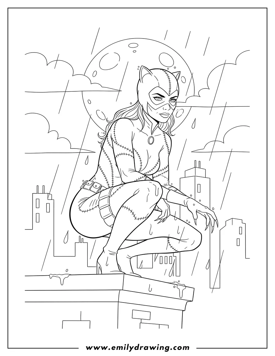 Clean line drawing: halle Berry Catwoman crouching on a rooftop in the rain at night