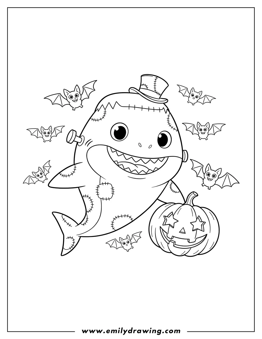 Coloring page for kids: halloween Frankenstein Baby Shark with bats and a star-eyed pumpkin