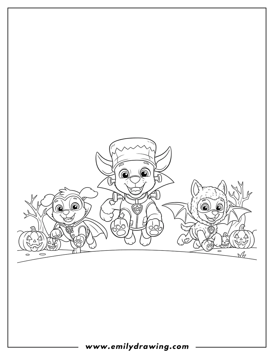 Vector style outline of halloween Themed Paw Patrol Picture Scaled, featuring three pups dressed as Frankenstein, a vampire, and a bat, running