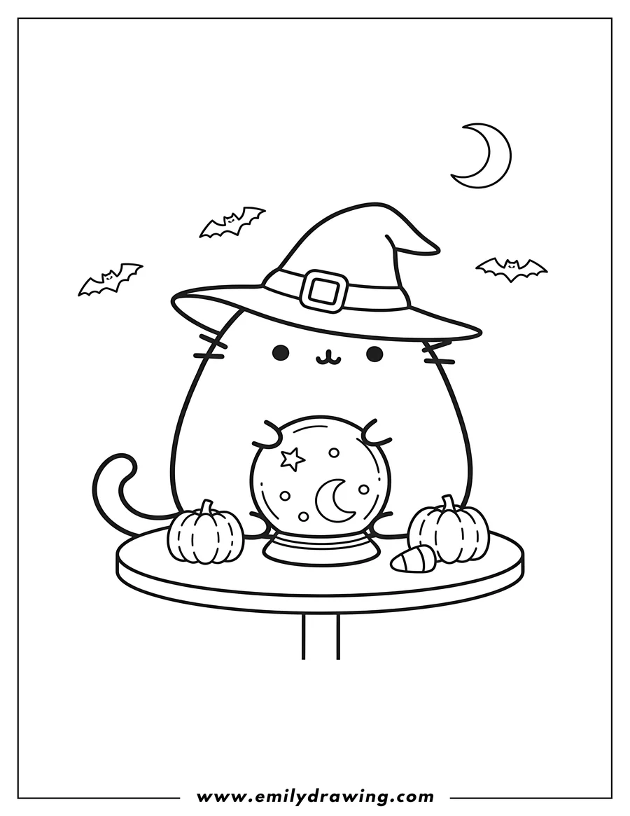 PDF style coloring page: halloween Themed Pusheen wearing a witch hat at a table with a crystal ball, To Color Scaled