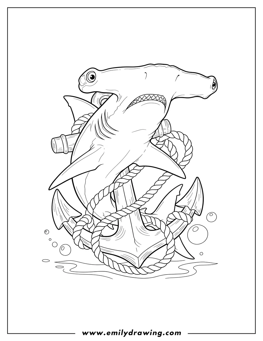 High quality printable fierce Hammerhead Shark entwined with an anchor and rope for coloring