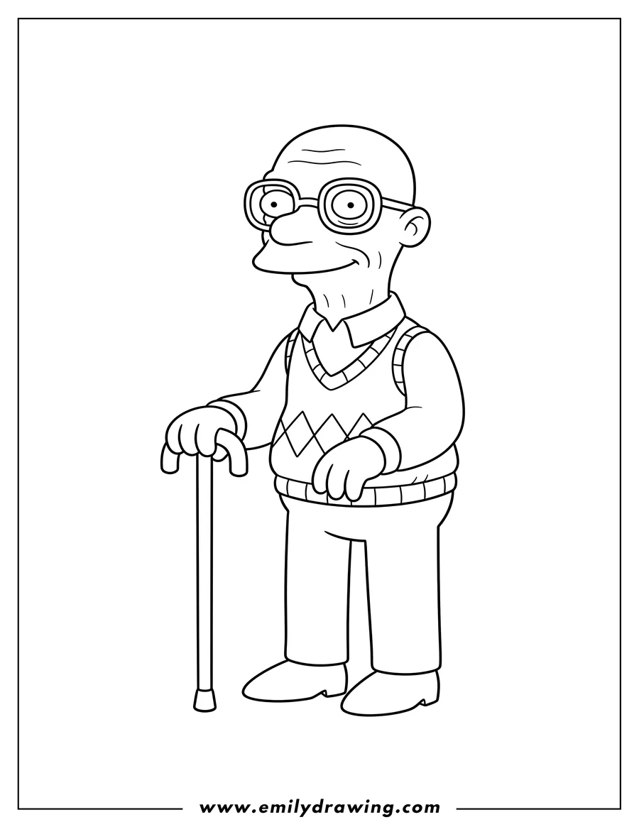 Black and white line art of gentle Hans Moleman holding a cane and wearing glasses