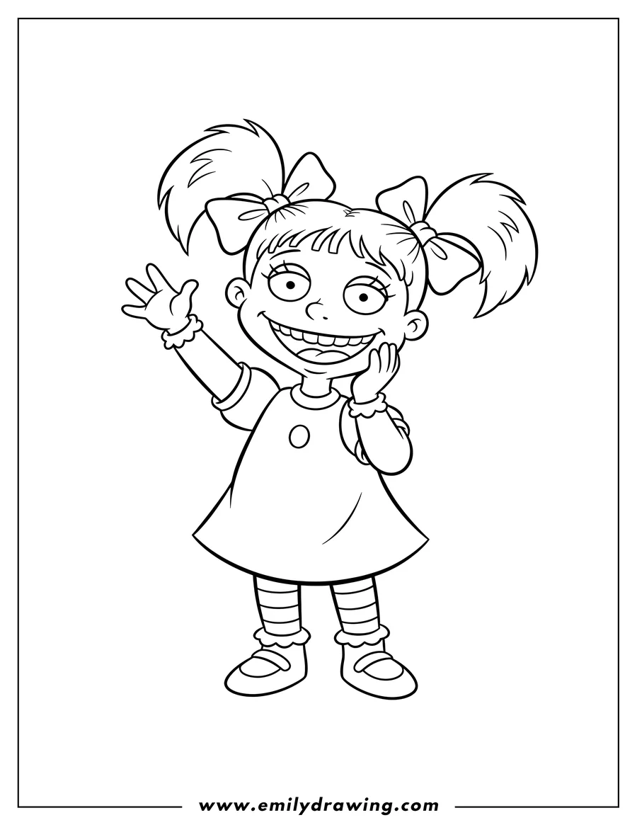 Printable coloring page of happy Angelica Pickles with pigtails and bows, waving with a wide grin and her other hand near her face