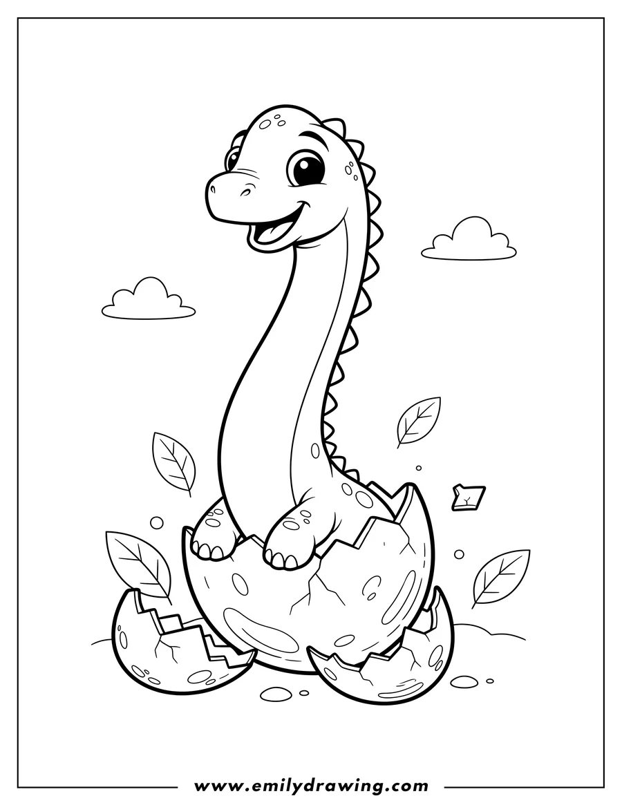 Printable coloring page of happy Baby Brachiosaurus with a long neck hatching from a cracked egg