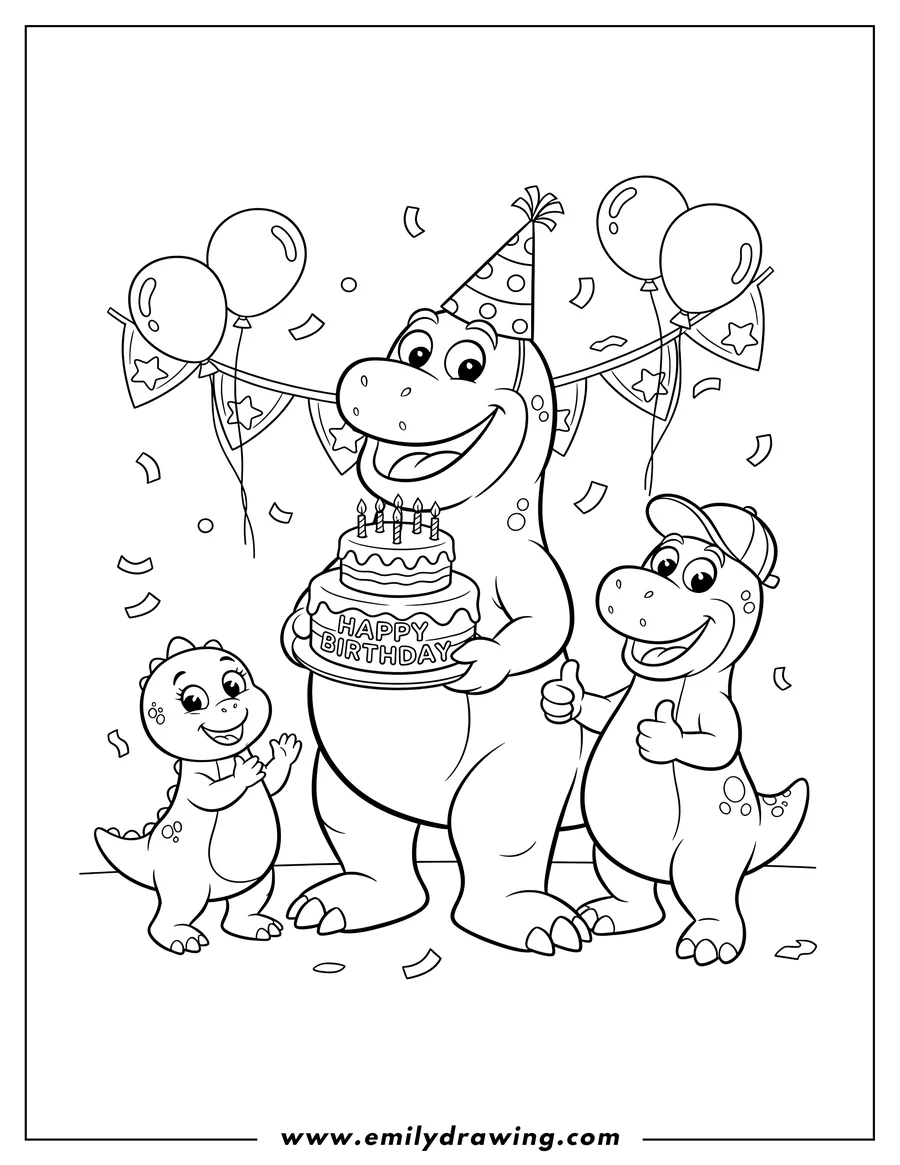 Vector style outline of happy Birthday Barney and Friends, Barney wearing a party hat, holding a birthday cake with Happy Birthday text, with his friends