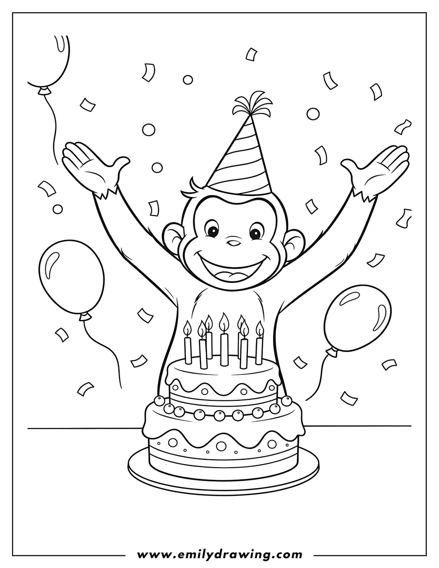 Doodle style coloring picture of happy Birthday Themed Curious George wearing a party hat, with arms raised, and a birthday cake with candles