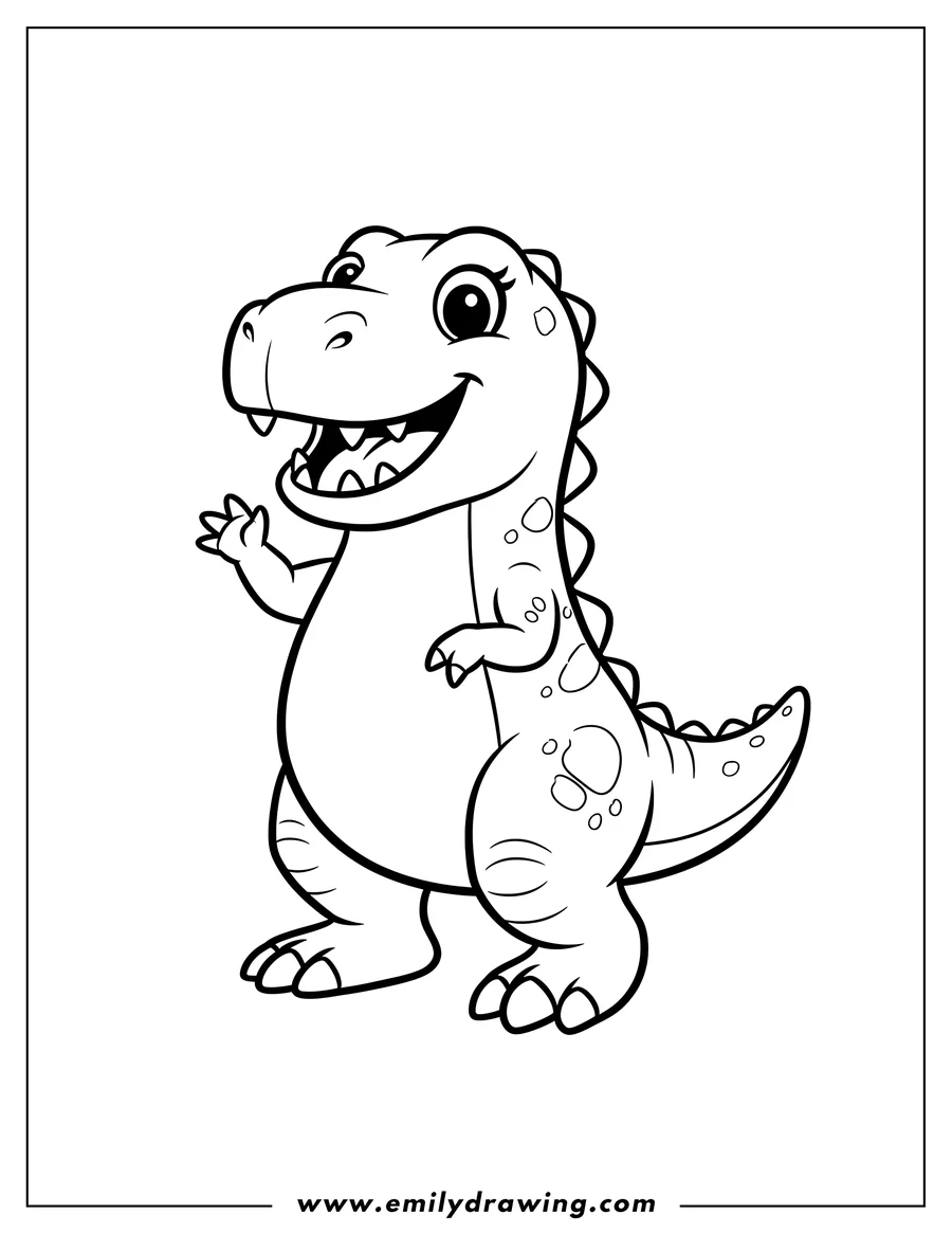 PDF style coloring page: A happy little cartoon T-Rex chomper, standing and smiling, perfect for preschoolers