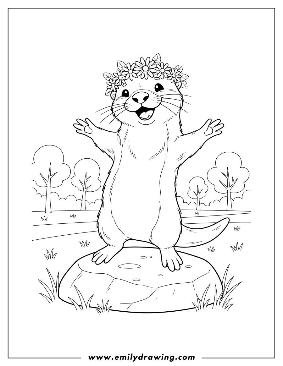 High quality printable happy Otter With Flower Crown dancing with arms spread wide on a rock in a park for coloring