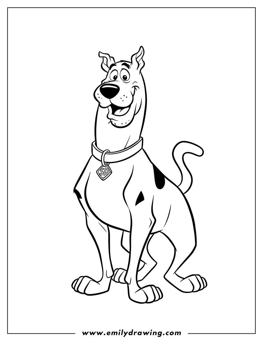 Downloadable coloring page of easy Scooby Doo Scaled standing with collar and SD tag
