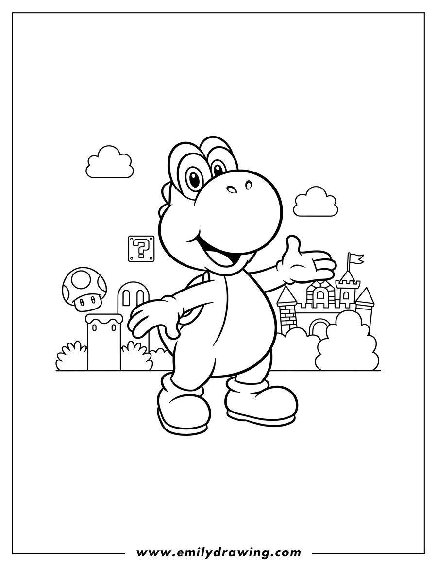 Doodle style coloring picture of happy Yoshi standing and looking forward, Mario Land Scaled