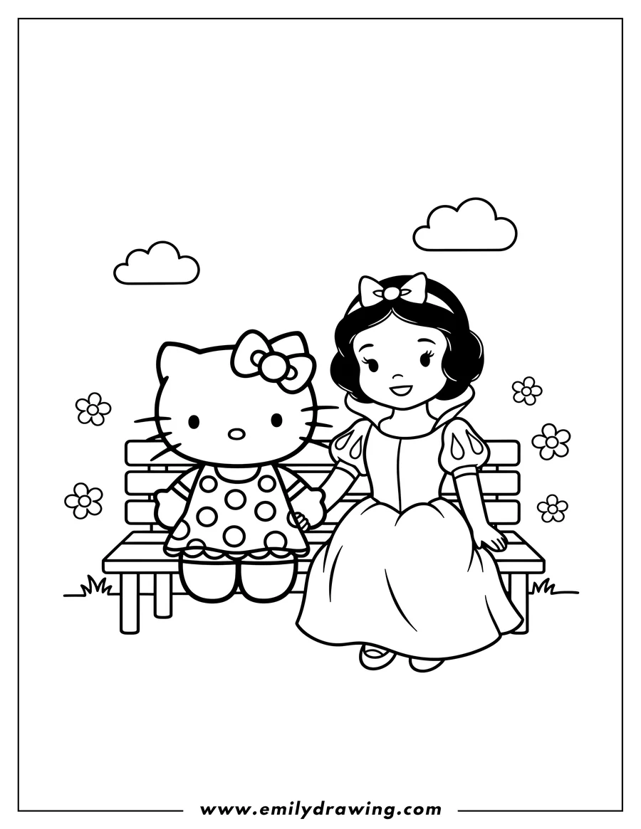 Free printable coloring sheet of hello Kitty in a polka dot dress and Snow White sitting on a bench, holding hands and smiling