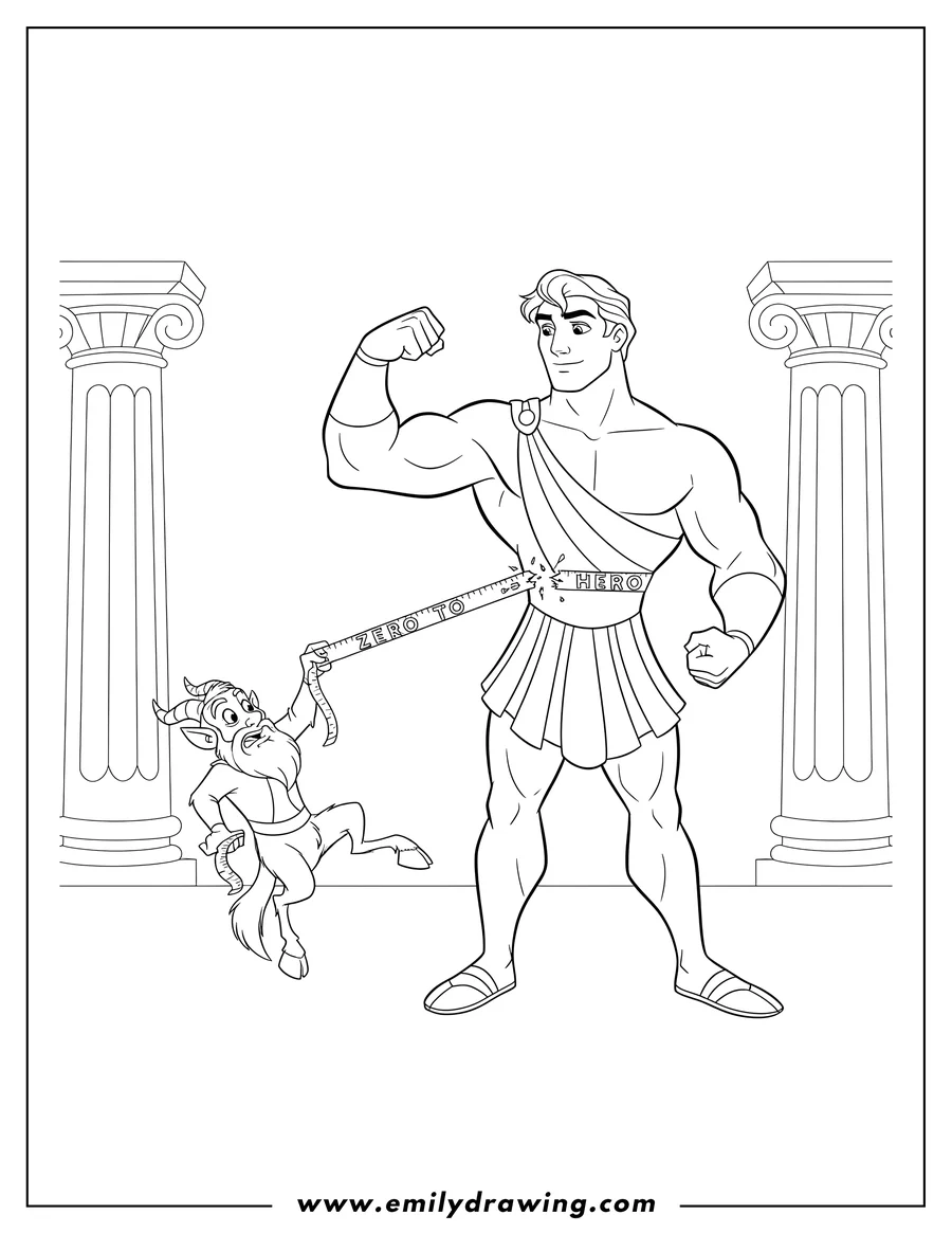 Outline drawing of hercules flexing his bicep, breaking Philoctetes the satyr's tape measure