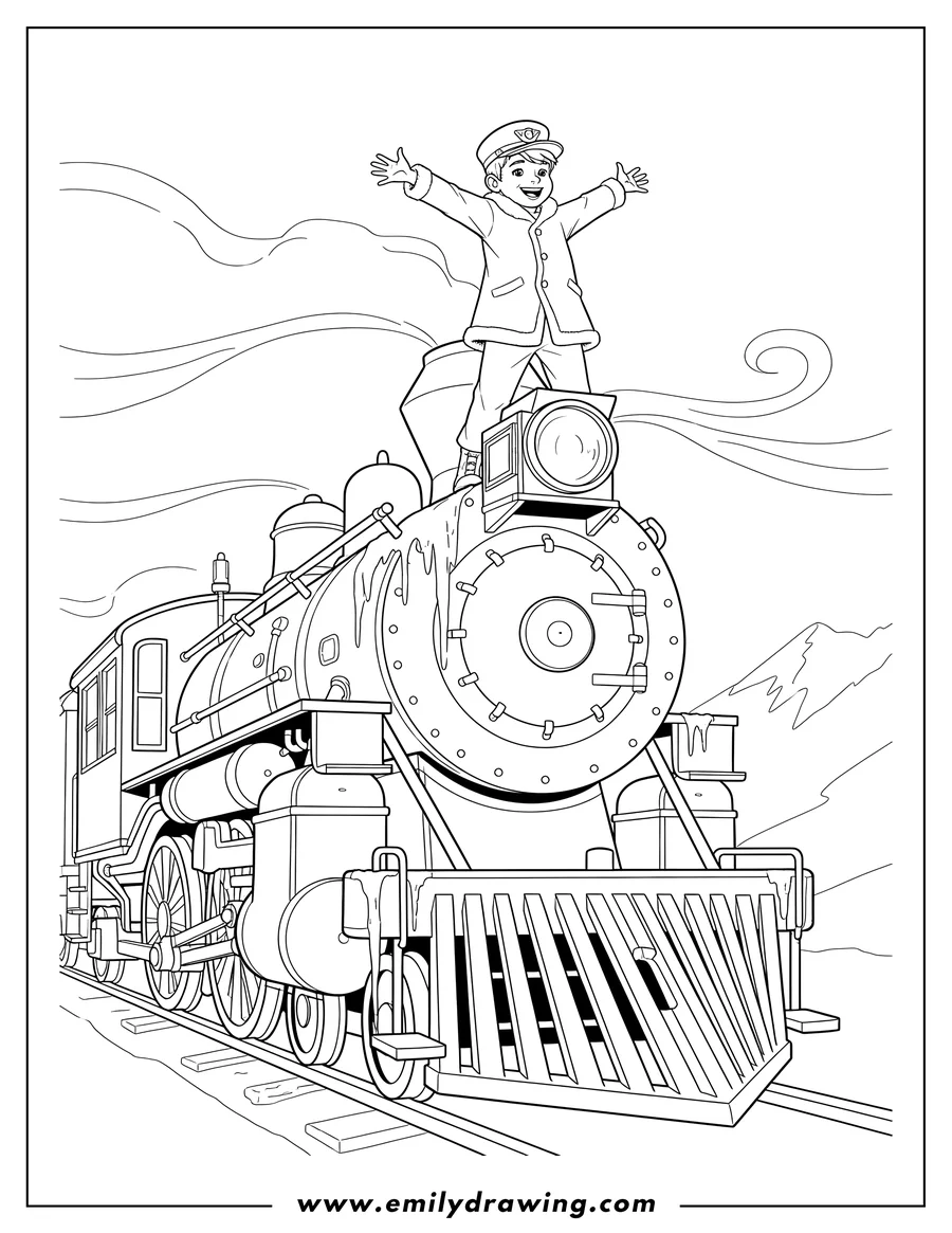 High quality printable hero Boy Standing On Top Polar Express Train with arms outstretched and icicles on its front for coloring
