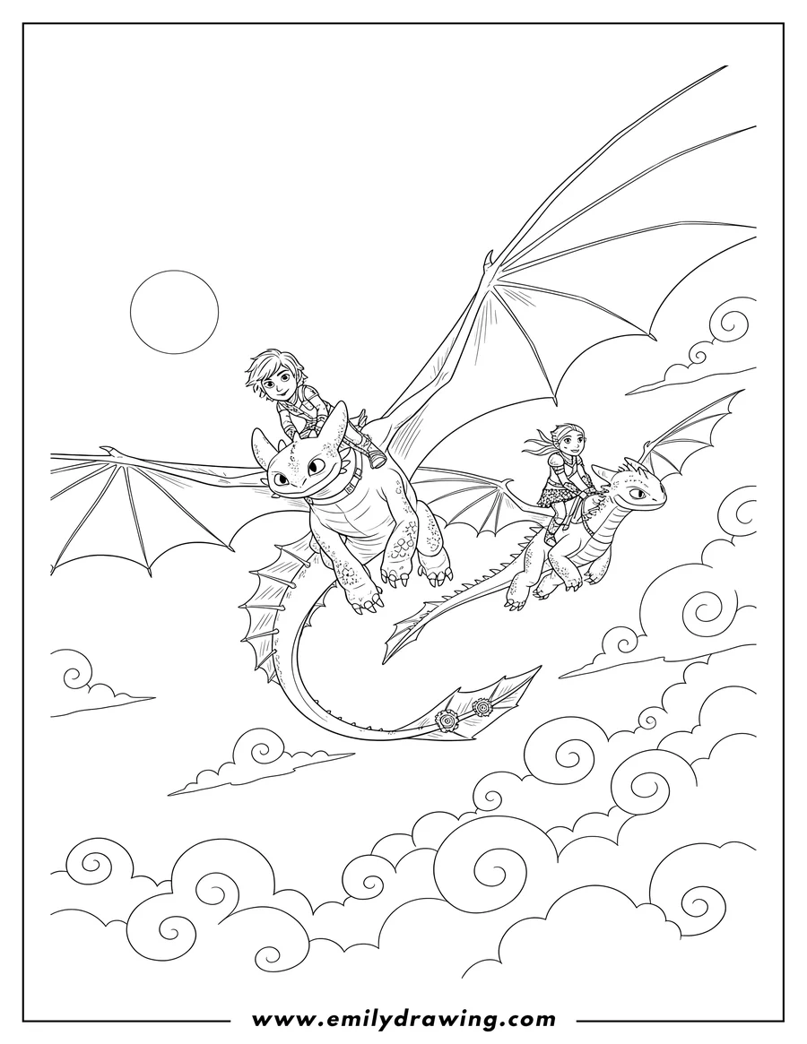 Printable line art of how To Train Your Dragon Movies, Hiccup riding Toothless and Astrid on Stormfly flying