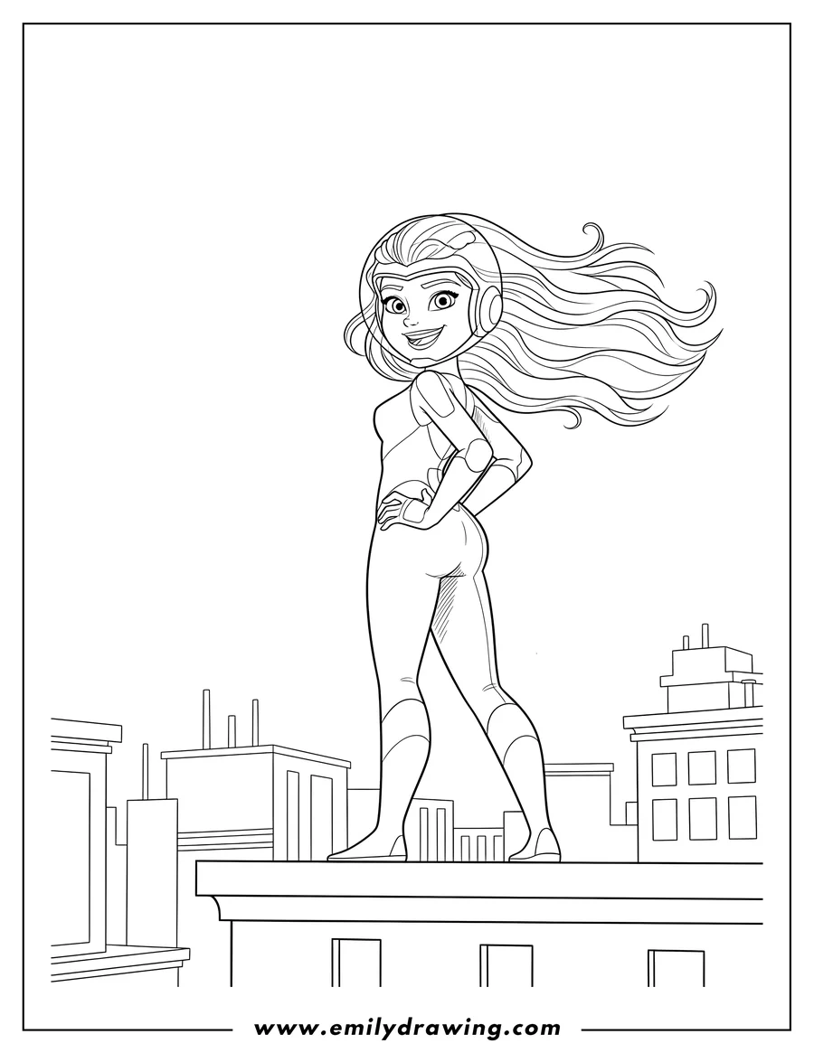 Outline drawing of honey Lemon Standing On Rooftop, smiling and looking over her shoulder, with a helmet and long flowing hair