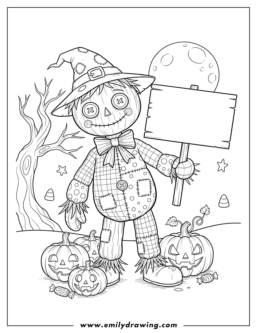 Vector style outline of horror Ragdoll holding a sign and surrounded by jack-o'-lanterns for trick or treating