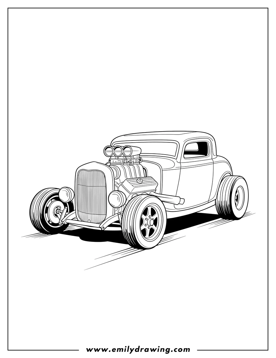 Printable coloring page of hot Rod Ford 32 with a large exposed engine and triple air intakes, front 3/4 view