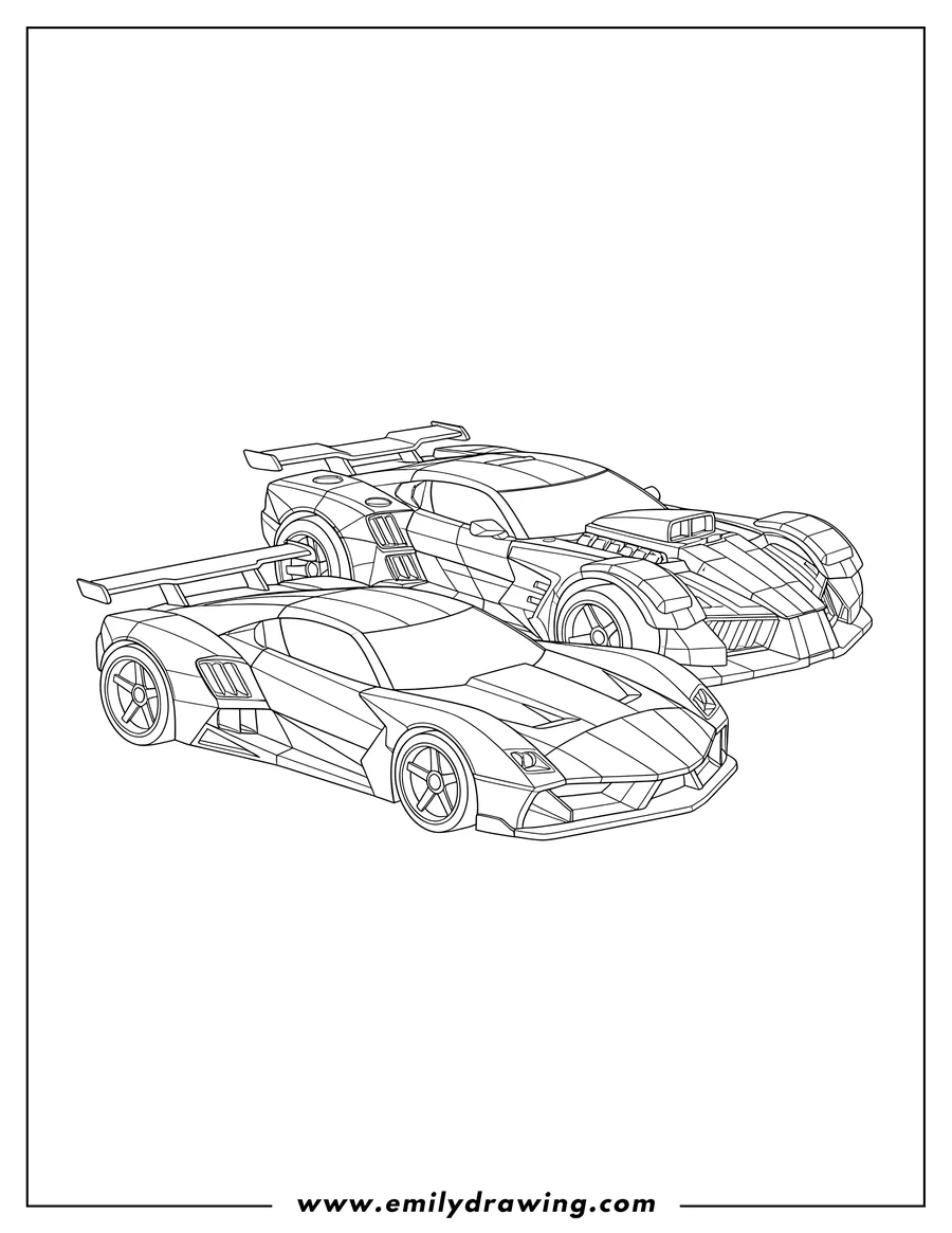 Coloring page for kids: hot Wheels Acceleracers, two overlapping race cars