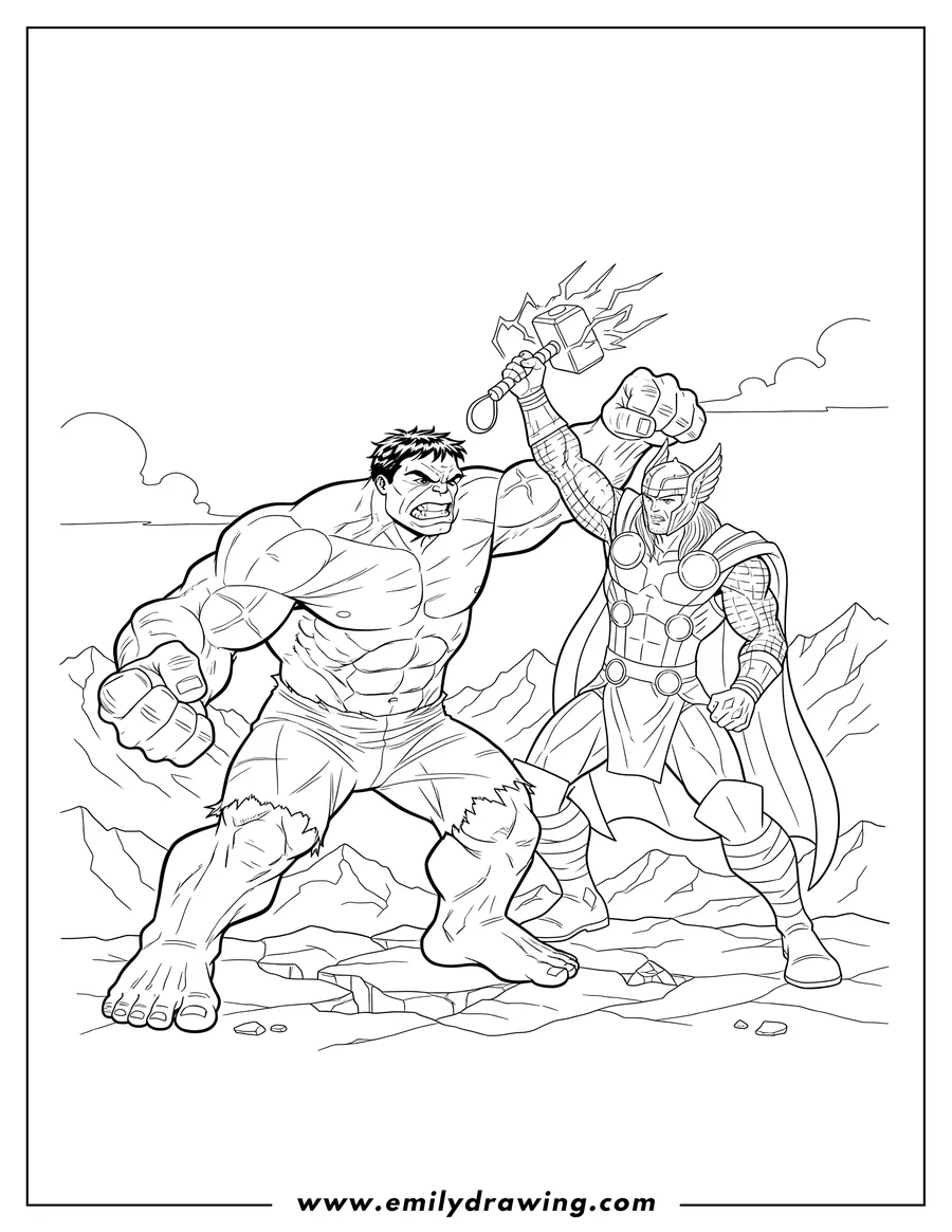 Full page coloring image of hulk attacking Thor, Thor blocking Hulk's arm and holding Mjolnir high