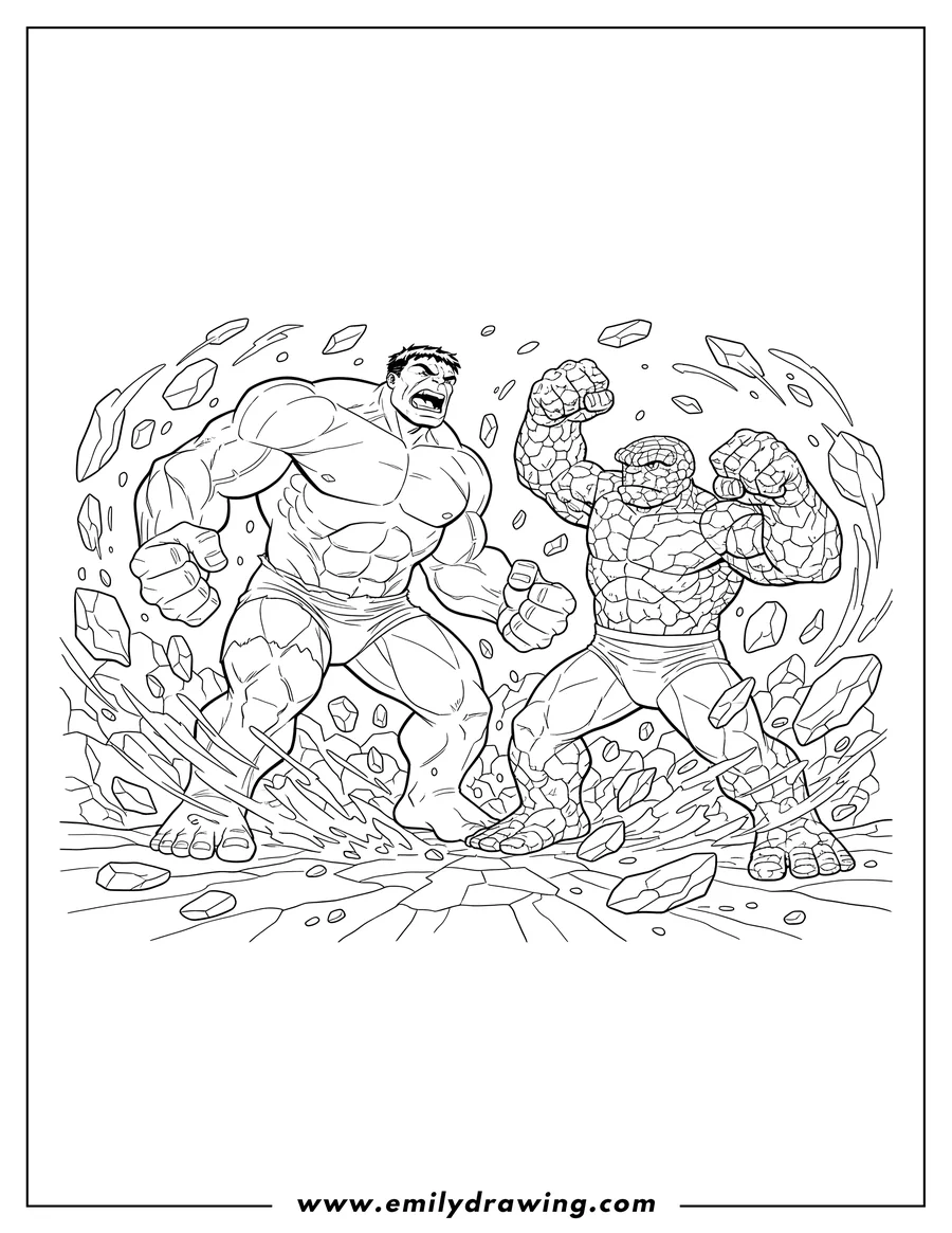 Printable line art of hulk roaring and Thing fighting with fists raised amidst flying rocks